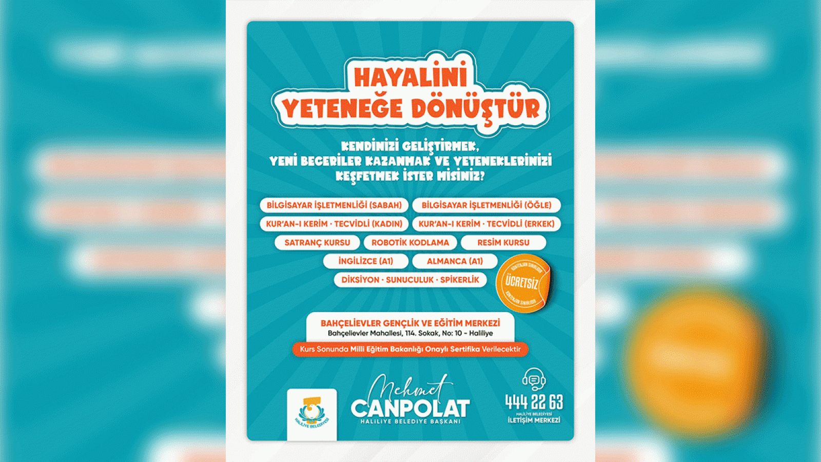 Haliliye Belediyesinden ücretsiz kurs ve eğitim programı